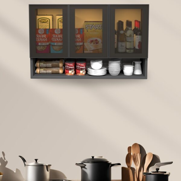 Wall-Mount Cabinet – Premium 3-Door Unit with Open Organized Shelf and Brown Tinted Glass in Grey Finish