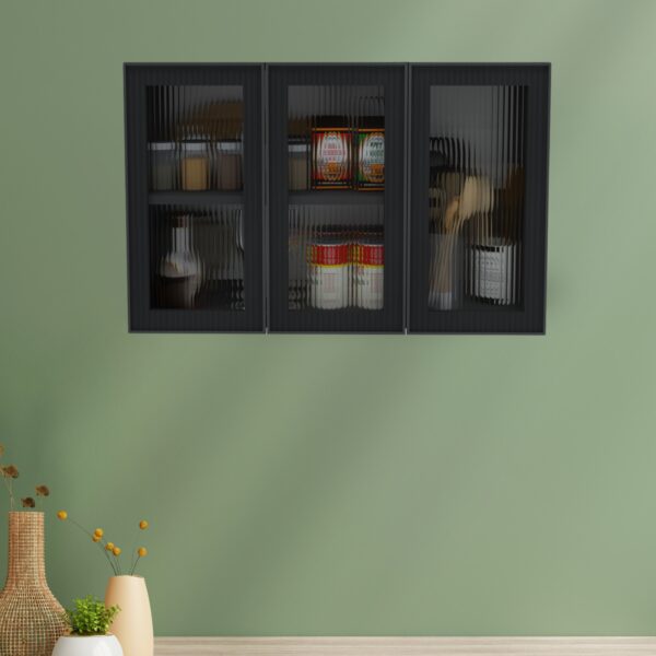 Wall-Mount Kitchen Cabinet – Premium 3-Door Unit with Fluted Plain Glass in Grey Finish
