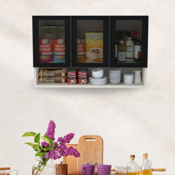 Wall-Mount Cabinet – Premium 3-Door Unit with Open Organized Shelf and Fluted Plain Glass in Highland Pine Finish