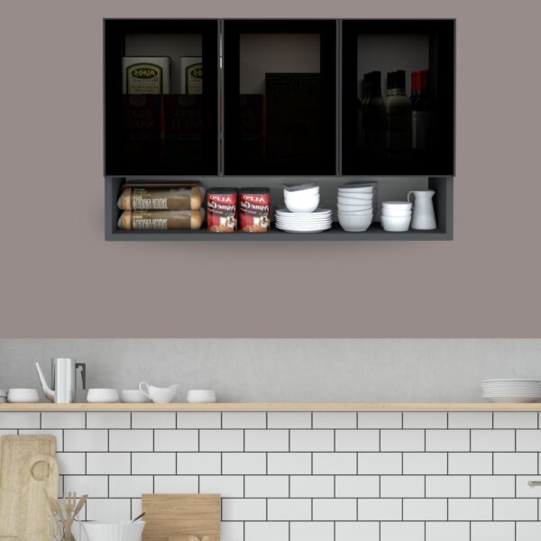 Wall-Mount Cabinet – Premium 3-Door Unit with Open Organized Shelf and Grey Tinted Glass in Gray Finish