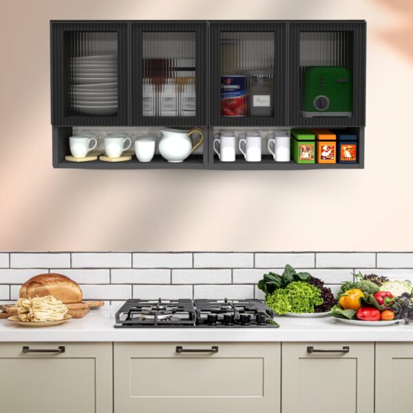 Wall-Mount Cabinet – Premium 4-Door Unit with Open Organized Shelf and Fluted Plain Glass in Grey Finish