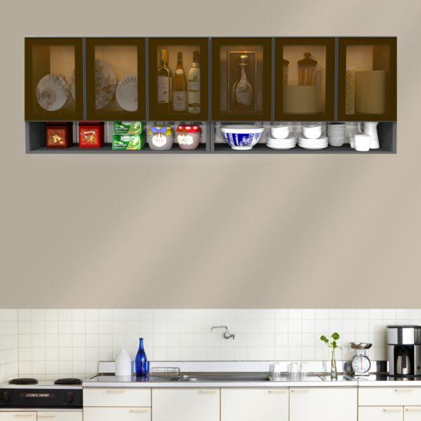 Wall-Mount Cabinet – Premium 6-Door Unit with Open Organized Shelf and Brown Tinted Glass in Grey Finish