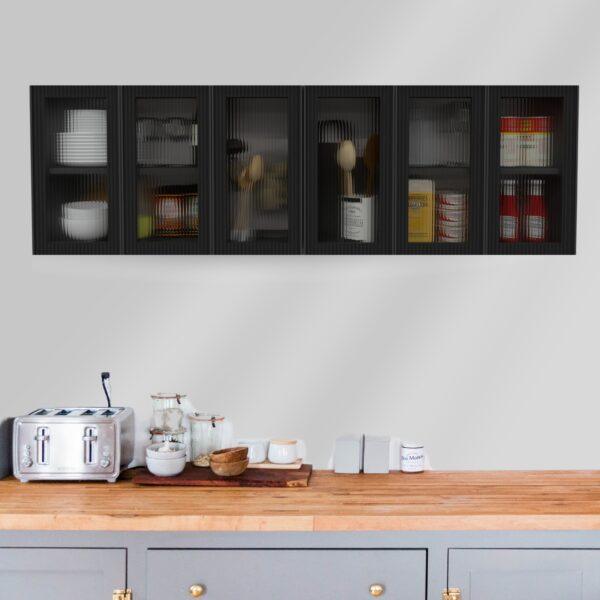 Wall-Mount Kitchen Cabinet – Premium 6-Door Unit with Fluted Plain Glass in Grey Finish
