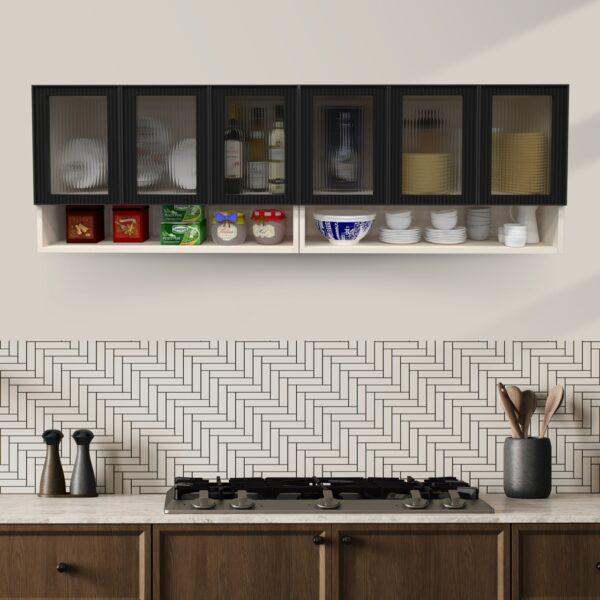 Wall-Mount Cabinet – Premium 6-Door Unit with Open Organized Shelf and Fluted Plain Glass in Highland Pine Finish