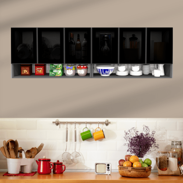 Wall-Mount Cabinet – Premium 6-Door Unit with Open Organized Shelf and Grey Tinted Glass in Grey Finish