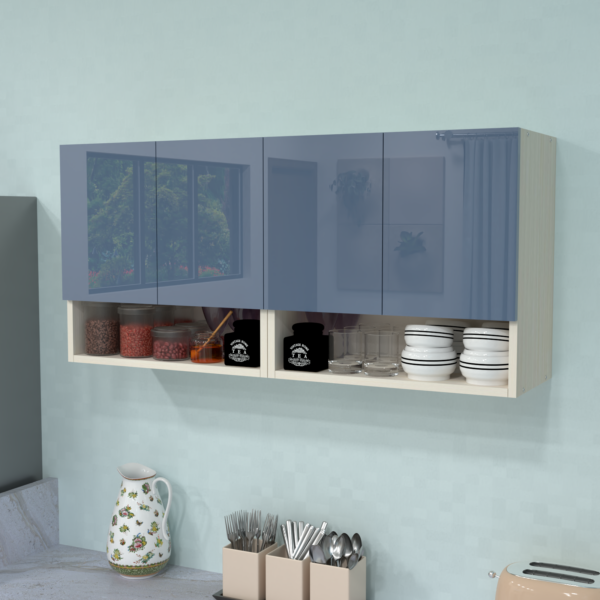 4 Door open organized shelf Mirror Glossy triple layered UV Resistant handless shutter in Blue Berry