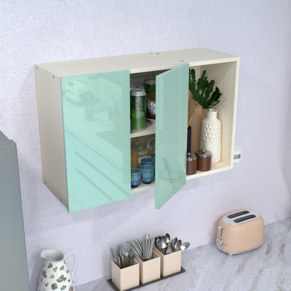 2 Door Mirror Glossy triple layered UV Resistant handless shutter with 3 shelf in Mint Finish