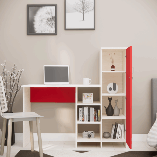 Multipurpose Hutch Desk with storage  in Highland Pine & Scarlet Red (DIY)