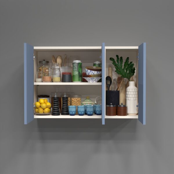 2 Door Mirror Glossy triple layered UV Resistant handless shutter with 3 shelf in Blue Berry Finish