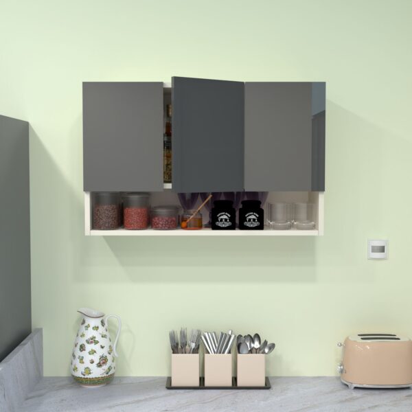 3 Door open organized shelf Mirror Glossy triple layered UV Resistant handless shutter in Grey