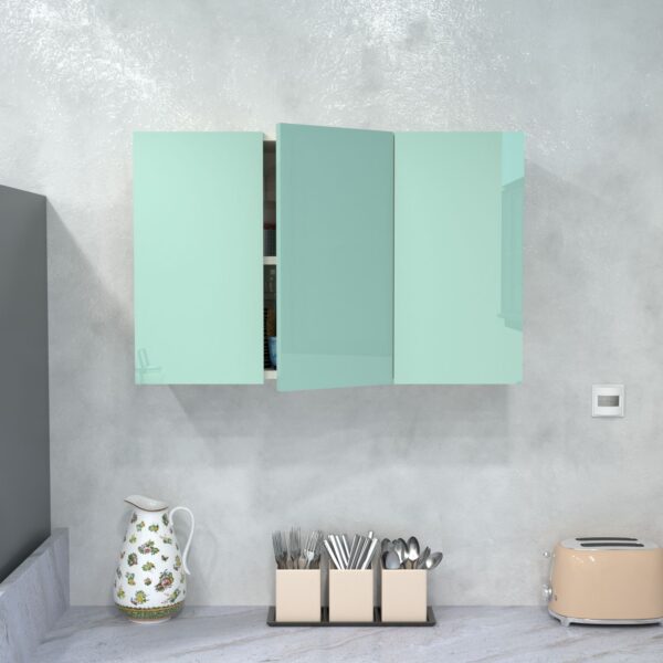 2 Door Mirror Glossy triple layered UV Resistant handless shutter with 3 shelf in Mint Finish