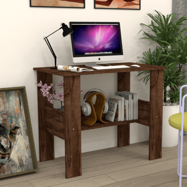 Corner-Rounded Top Computer Desk with One Middle-Tier Shelf in Coachwood Brown Finish (DIY Assembly)