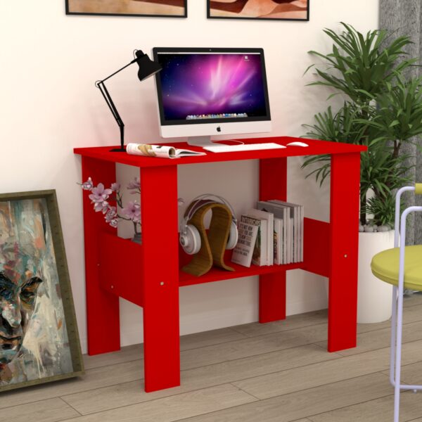 Corner-Rounded Top Computer Desk with One Middle -Tier Shelf in Scarlet Red (DIY)
