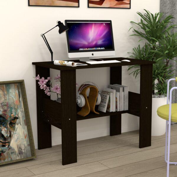 Corner-Rounded Top Computer Desk with One Middle-Tier Shelf in Chiyoda Wenge Finish (DIY Assembly)