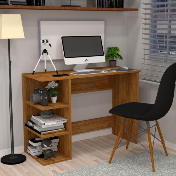 Corner-Rounded Top Computer Desk with 3-Tier Side Storage in Plateau Apple Finish (DIY Assembly)