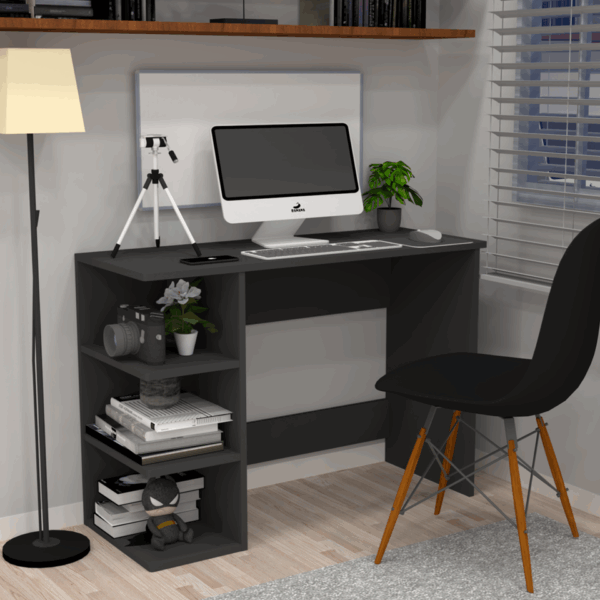 Corner-Rounded Top Computer Desk with 3 Tier Side Storage in Slate Grey (DIY)