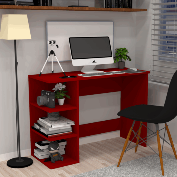 Corner-Rounded Top Computer Desk with 3-Tier Side Storage in Scarlet Red Finish (DIY Assembly)