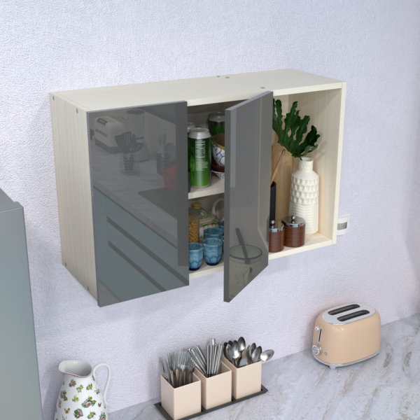 2 Door Mirror Glossy triple layered UV Resistant handless shutter with 3 shelf in Grey Finish
