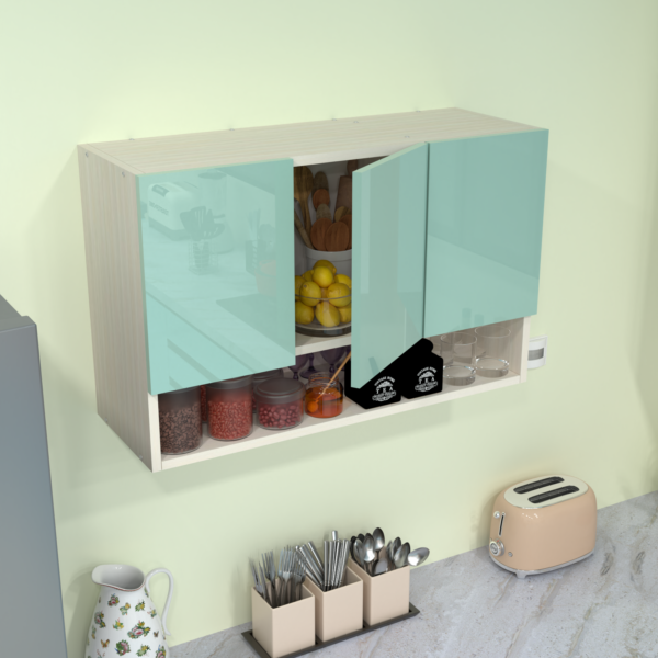 3 Door open organized shelf Mirror Glossy triple layered UV Resistant handless shutter in Mint