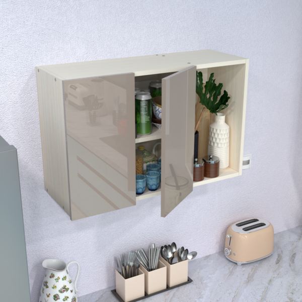 2 Door Mirror Glossy triple layered UV Resistant handless shutter with 3 shelf in Mocha Finish