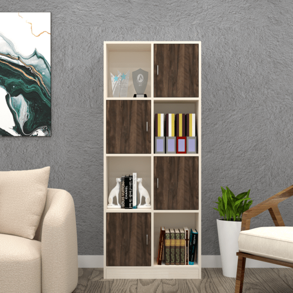 Multipurpose Matrix Bookshelf Cabinet – 8-Shelf Semi-Open Design in Coachwood Brown & Highland Pine Finish