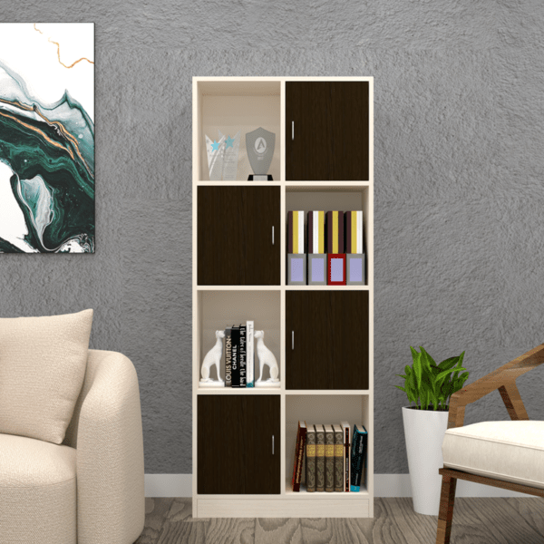 Multipurpose Matrix Bookshelf Cabinet with 8-Shelf Semi-Open Design in Chiyoda Wenge & Highland Pine Finish