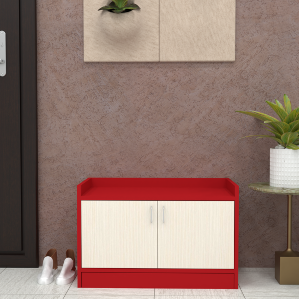 Ella 2 Doors Multipurpose Shoe Cabinet in Scarlet Red & Highland Pine Finish