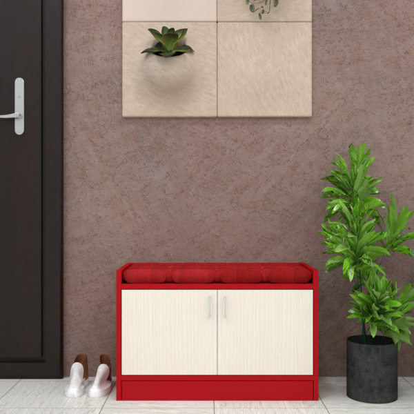 Ella 2 Door Multipurpose Cabinet with Cushion in Highland Pine & Scarlet Red Finish