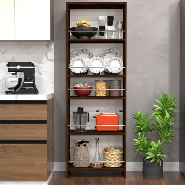 Julius 5 Tier Free Standing Wooden Open Shelf Easy-To-Move Slide Out Shelf Rack Organizer in Asian Walnut Finish