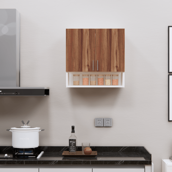 2-Door Modular Wall Cabinet with Organizer Shelf in Asian Walnut & Highland Pine Finish (DIY Assembly)