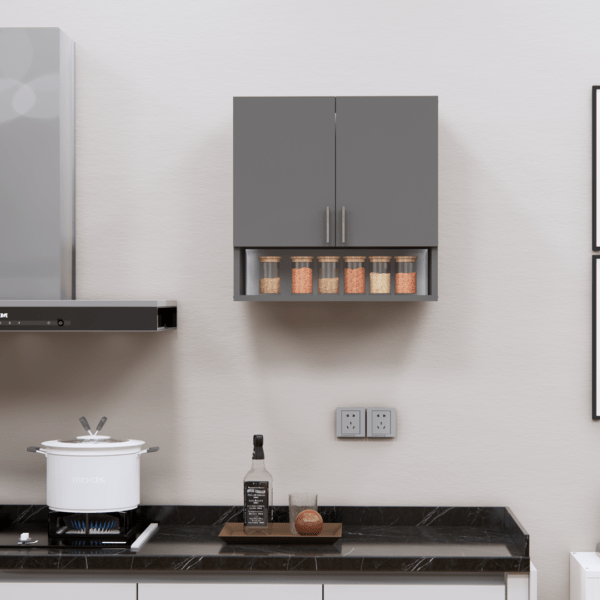 2-Door Modular Wall Cabinet with Organizer Shelf in Slated Grey Finish (DIY Assembly)