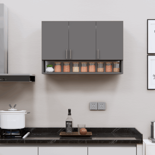 3-Door Modular Wall Cabinet with Organizer Shelf in Slated Grey Finish (DIY Assembly)