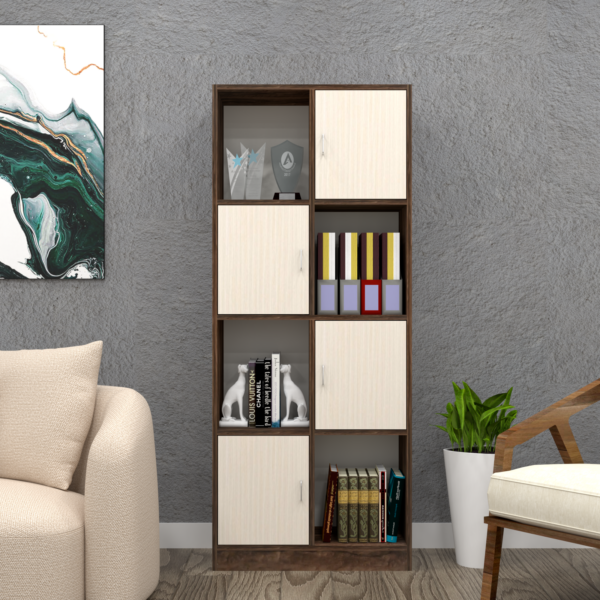 Cinderella 8 Shelves Semi Open Bookshelf in Highland Pine & Cochwood Brown Finish