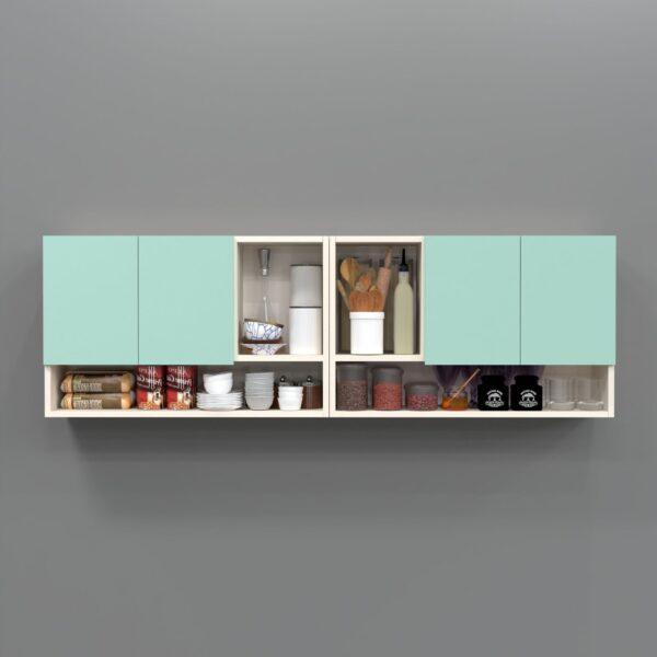 4-Door Cabinet with 6 Open Organizer Shelves – Glossy Triple-Layered UV-Resistant Handleless Shutters in Mint Mirror Finish (DIY Assembly)