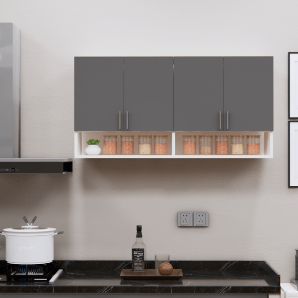 4-Door Modular Wall Cabinet with Organizer Shelf in Slated Grey & Highland Pine Finish (Free Installation)