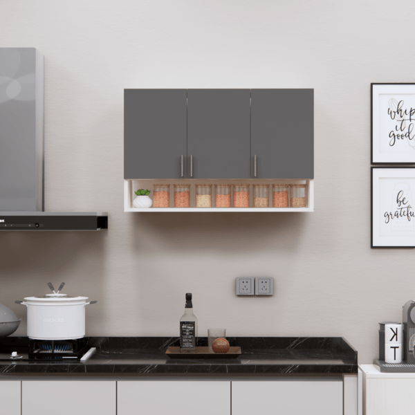 3-Door Modular Wall Cabinet with Organizer Shelf in Slated Grey & Highland Pine Finish (DIY Assembly)