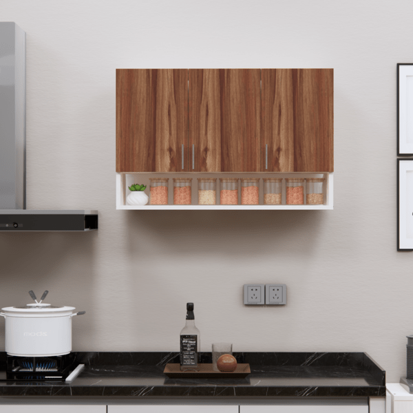 3-Door Modular Wall Cabinet with Organizer Shelf in Asian Walnut & Highland Pine Finish (DIY Assembly)