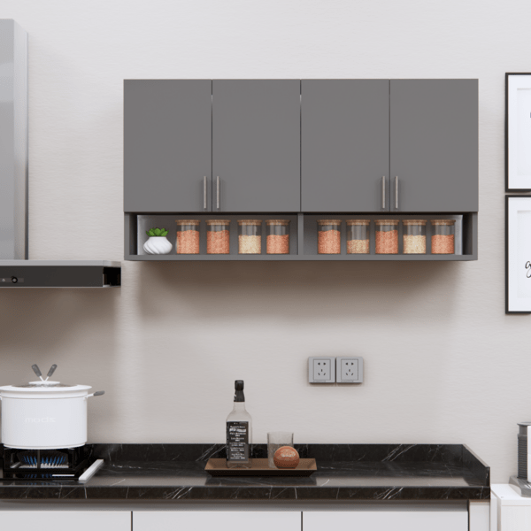 4-Door Modular Wall Cabinet with Organizer Shelf in Slated Grey Finish (Free Installation)