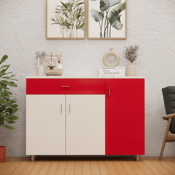 3 Door Multipurpose Shoe Cabinet with Drawer in Scarlet Red & Highland Pine Finish