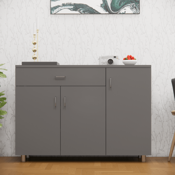 3 Door Multipurpose Cabinet with Drawer in Slated Grey Finish(Free Installation)