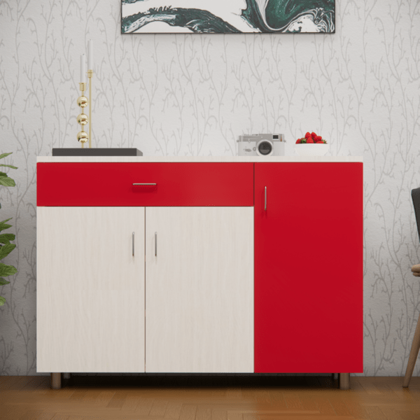 3 Door Multipurpose Shoe Cabinet with Drawer in Scarlet Red and Highland Pine Finish(Free Installation)