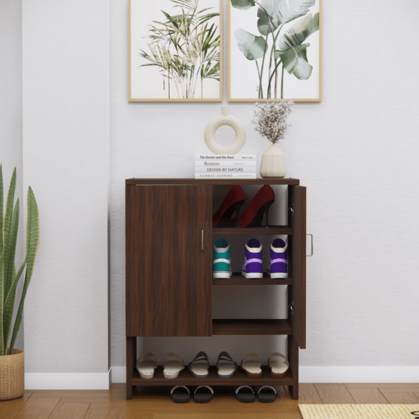 Multipurpose 2-Door Shoe Cabinet with 3 Closed Shelves & 1 Open Shelf – Asian Walnut Finish (DIY Assembly)