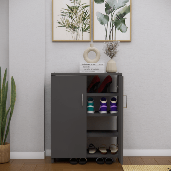 Multipurpose 2-Door Shoe Cabinet with 4 Shelves – Slated Grey Finish, DIY Assembly