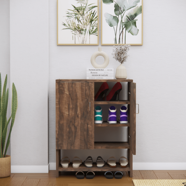 Multipurpose 2-Door Shoe Cabinet with 3 Closed Shelves & 1 Open Shelf – Coachwood Brown Finish, DIY Assembly