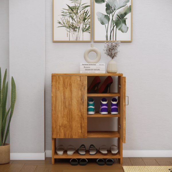 Multipurpose 2-Door Shoe Cabinet with 3 Closed Shelves & 1 Open Shelf – Plateau Apple Finish, DIY Assembly