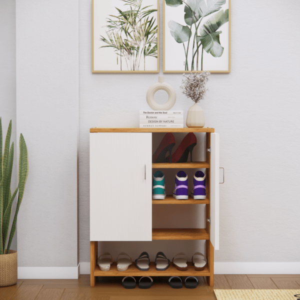 Multipurpose 2-Door Shoe Cabinet with 3 Closed Shelves & 1 Open Shelf – Highland Pine & Plateau Apple Finish (DIY Assembly)