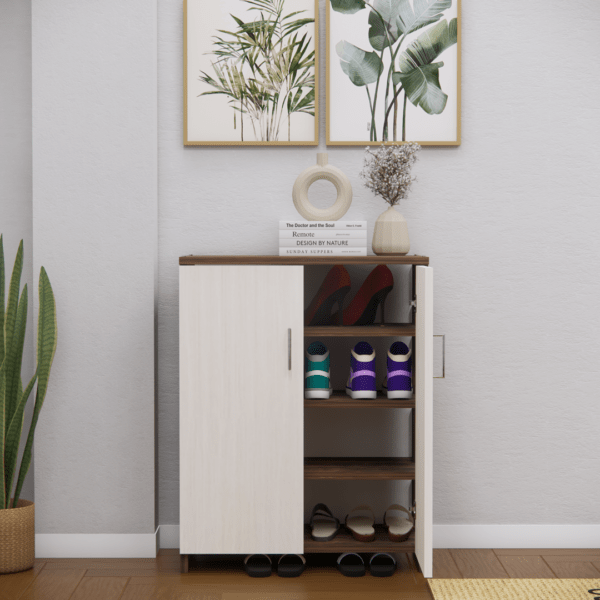 Multipurpose 2-Door Shoe Cabinet with 4 Shelves – Highland Pine & Coachwood Brown Finish, DIY Assembly