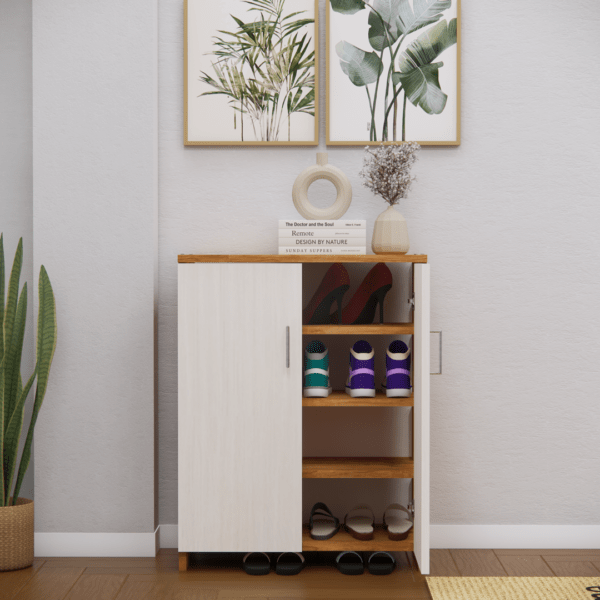 Multipurpose 2-Door Shoe Cabinet with 4 Shelves – Highland Pine & Plateau Apple Finish, DIY Assembly