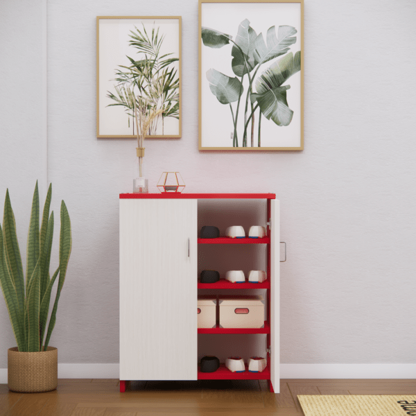 Multipurpose 2-Door Shoe Cabinet with 4 Shelves – Highland Pine & Scarlet Red Finish (DIY Assembly)