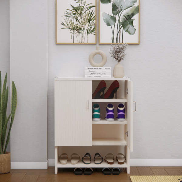 Multipurpose 2-Door Shoe Cabinet with 3 Closed Shelves & 1 Open Shelf – Highland Pine Finish, DIY Assembly